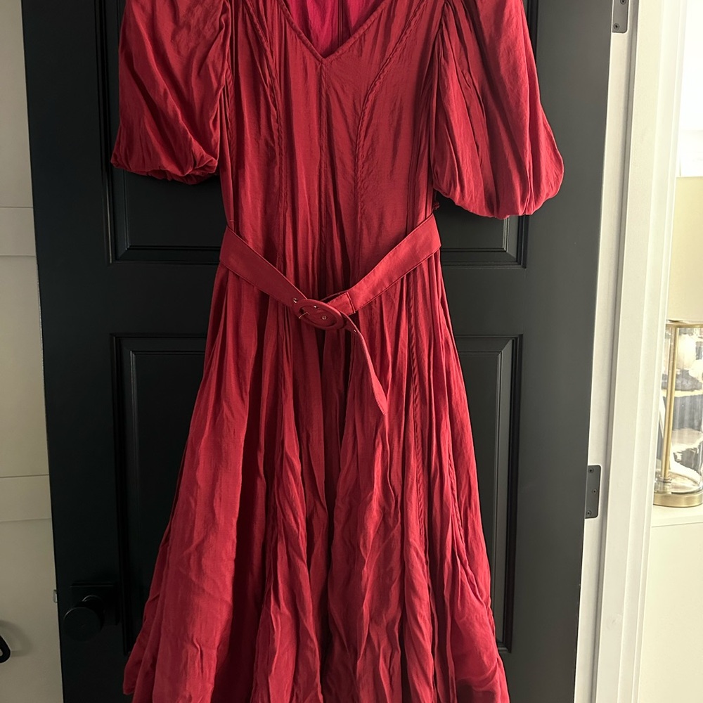Red Puff Sleeve V-Neck Midi Dress